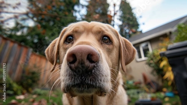 Fototapeta A male yellow Labrador retriever was searching for a camera in the backyard