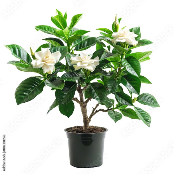 Fototapeta The photo shows a potted gardenia plant with white flowers and glossy green leaves.