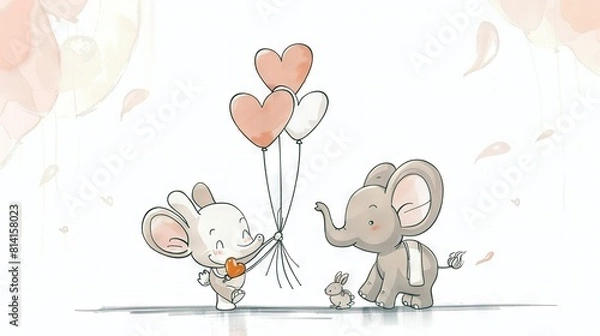 Fototapeta   Elephants standing together with heart-shaped balloons on their heads