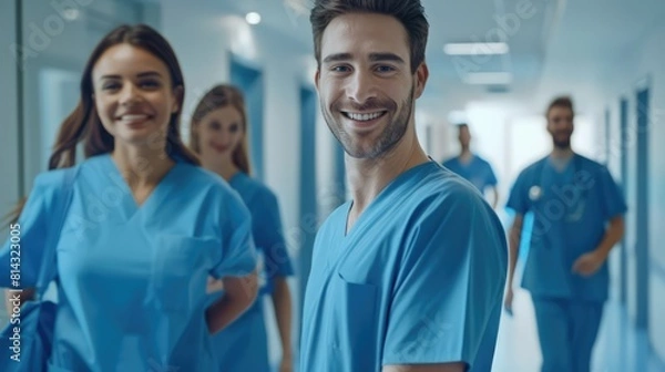 Fototapeta Smiling male nurse with colleagues in hospital corridor