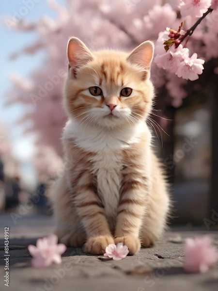 Fototapeta cute cat during cherry blossom season, Ai image generative