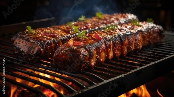 Fototapeta Realistic grilled barbeque with melted barbeque sauce and cut vegetables, black and blur background