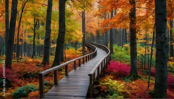 Fototapeta Beautiful wooden pathway going the breathtaking colorful trees in a forest