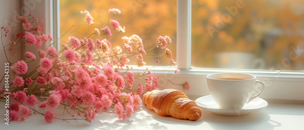 Obraz Cup with coffee and croissant next to pink flowers on a windowsill in autumn.