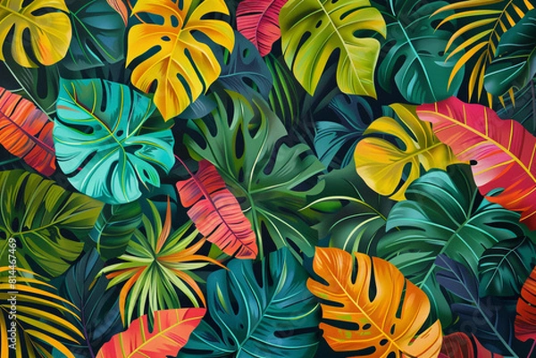 Fototapeta A lush background of tropical leaves in vibrant shades creating a lively and colorful natural pattern 