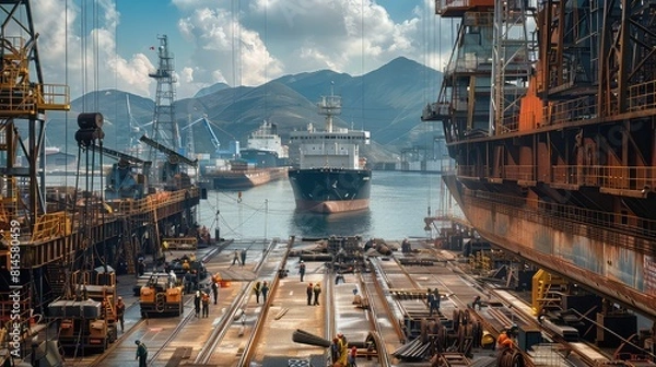 Fototapeta A panoramic view of workers and machinery in the shipyard, with ships towering in the background, illustrating the teamwork and expertise required for successful maritime projects. 