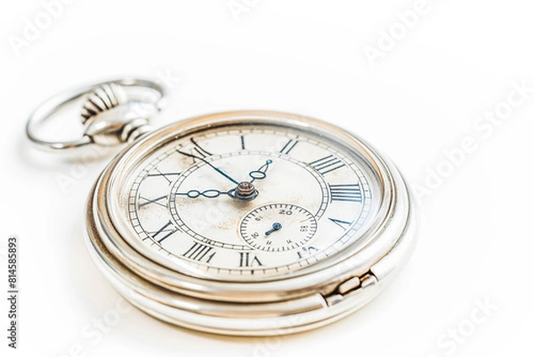 Obraz A shiny silver pocket watch, its timeless design standing out against the clean lines of a white studio background.