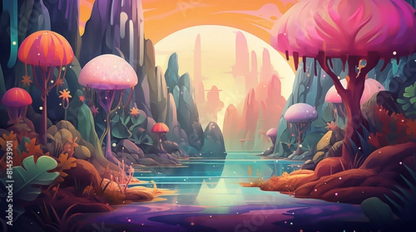 Obraz Design an abstract and dreamlike portrayal of a beautiful morning in the cartoon jungle