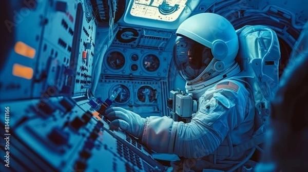 Fototapeta An astronaut in a shuttle cabin