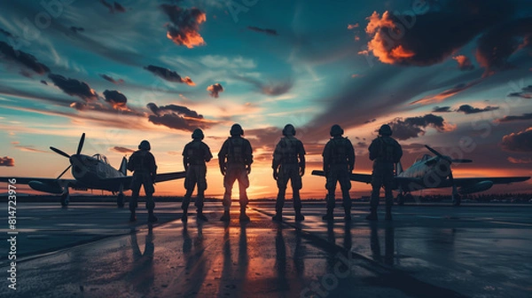 Fototapeta Pilots in uniform standing before aircraft at sunset, a dramatic sky behind them