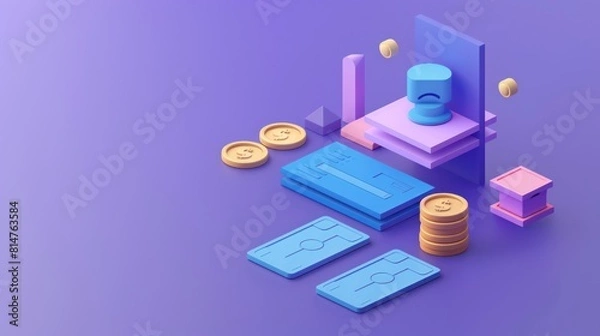 Fototapeta The image features a 3D illustration of financial elements such as coins, graphs, and credit cards on a purple background