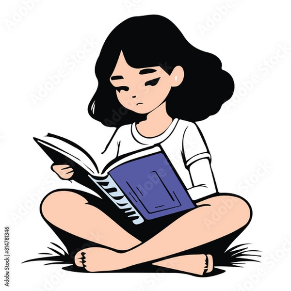 Fototapeta girl reading book Top Quality vector line color illustration 