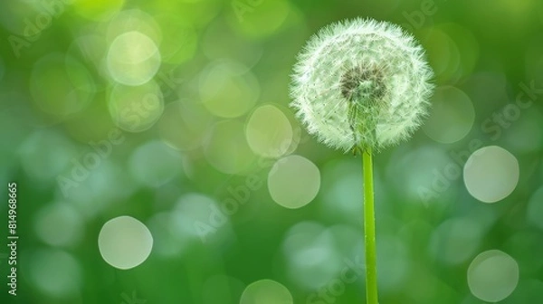 Fototapeta  A dandelion in the heart of a green field, surrounded by blurred background bouquets