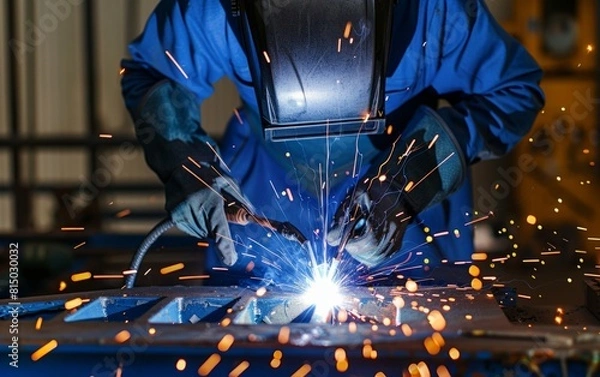 Fototapeta Worker in blue overalls welding with sparks flying.