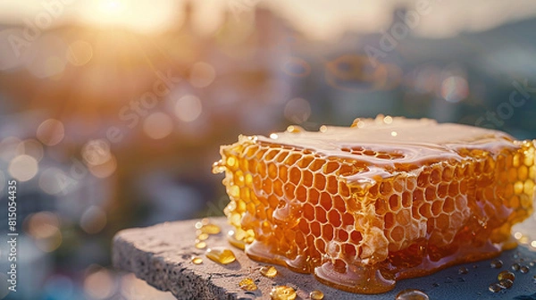 Fototapeta Golden Honeycomb Dripping Honey Urban Sunrise Backdrop Sparkling Drops