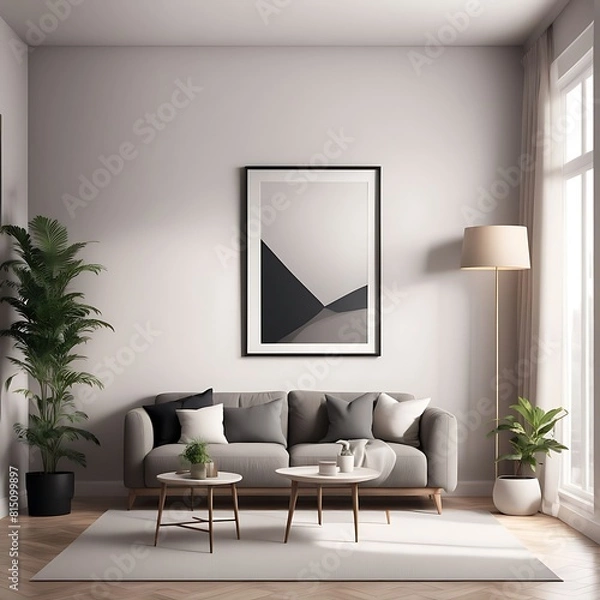 Fototapeta  Frame mockup, Living room wall poster mockup. Interior mockup with house background. Modern interior design. 3D render 