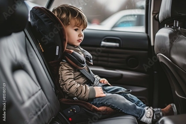 Fototapeta happy child is fastened in a child car seat. safety of children and passengers. Passive road safety