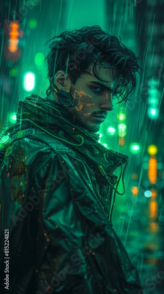 Fototapeta a dark-haired futuristic male dystopian trader