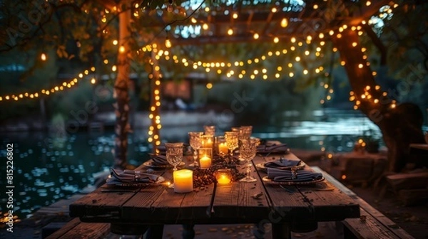 Fototapeta Romantic wedding table under a pergola with fairy lights . Romantic dinner