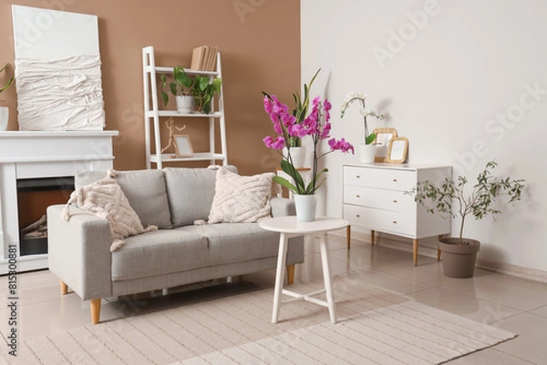 Fototapeta Interior of living room with sofa, drawers and orchid flowers