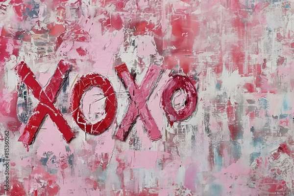 Fototapeta texte "XOXO" en rouge et rose sur une peinture murale texturée. Texte en anglais correspondant à Bisous, bisous pour les francophones pour la Saint Valentin pour déclaration d'amour. 