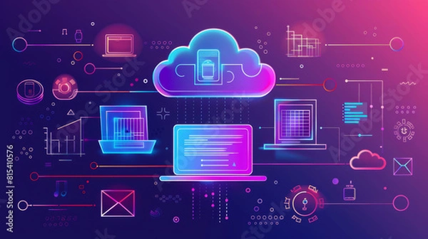 Fototapeta Neon-themed digital illustration showing cloud computing and network technology with a futuristic vibe