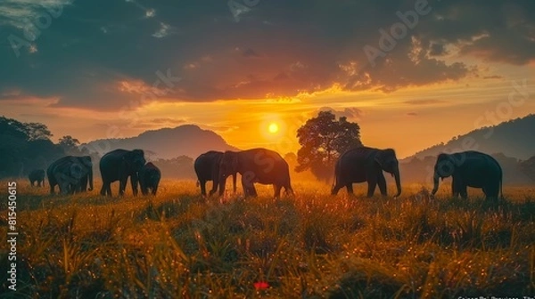 Fototapeta A herd of elephants are walking through a field at sunset