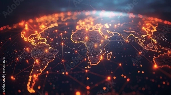 Fototapeta Global Connectivity: A 3D vector illustration of a world map with glowing dots connected by lines