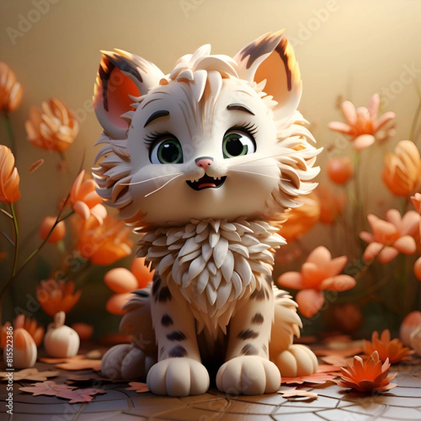 Fototapeta Cute cat sitting on the floor with flowers. 3d rendering