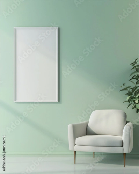 Fototapeta Mock up poster frame on the green wall in living room interior, minimalist modern interior with 3d illustration. 