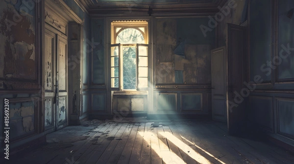 Fototapeta A beautiful room with shabby walls in an old abandoned house Abandoned haunted manor Ancient architecture and interiors : Generative AI