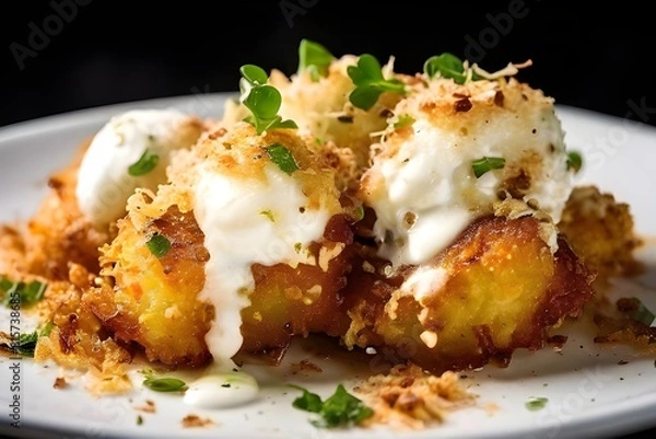 Fototapeta Onion fried with breadcrumb and mozzarella.