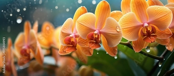 Fototapeta After the rain the orange orchid flowers are adorned with water droplets The background is blurred providing an empty area for text. Copyspace image