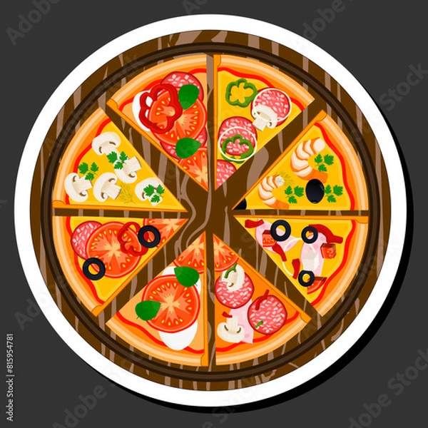 Fototapeta Illustration on theme big hot tasty pizza to pizzeria menu