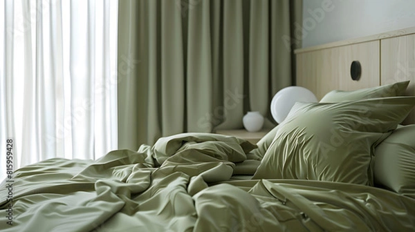 Fototapeta Comfortable bed with olive green linens in modern room interior : Generative AI