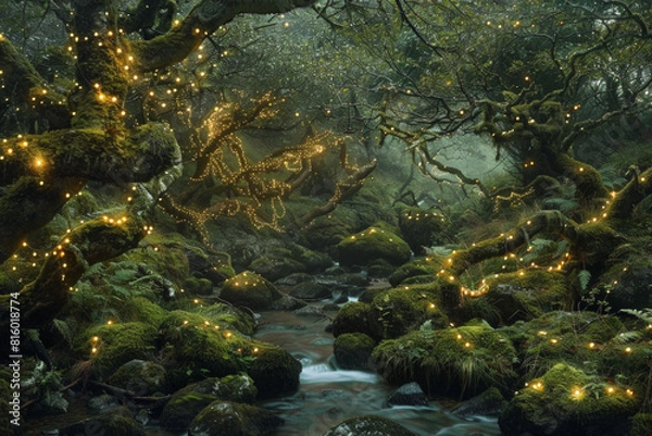 Fototapeta A mystical fairy tale forest illuminated by twinkling fairy lights, with moss-covered rocks, gnarled trees, and hidden glens.