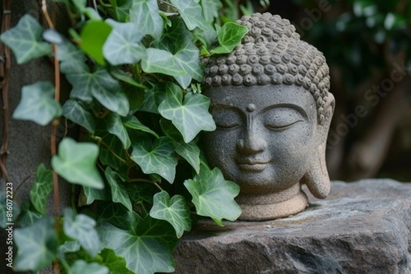 Fototapeta Tranquil buddha stone sculpture embraced by lush green ivy, symbolizing peace and nature