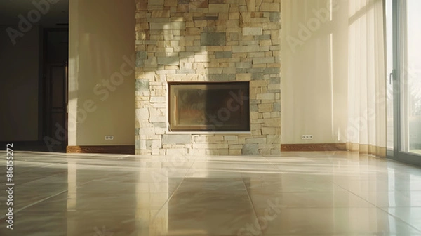 Fototapeta Large empty room with stone fireplace and natural colors American house interior : Generative AI