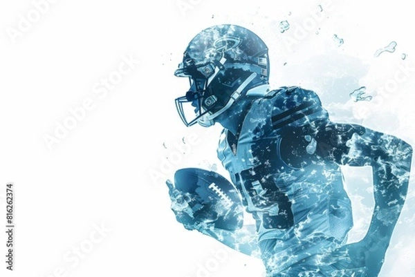 Fototapeta double exposure of american football player, stadium and field, isolated on white background, soft blue color palette Generative AI