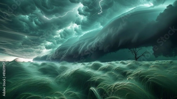 Fototapeta Surreal Stormy Landscape with Ominous Clouds and Lonely Tree, Depicting Power and Beauty of Nature, Captivating and Eerie Atmosphere