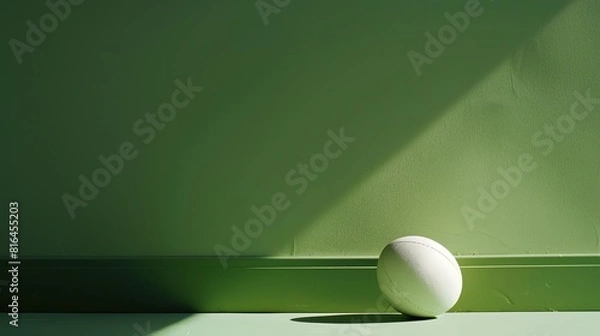 Fototapeta Still life image of a white American football in front of a green wall with a spotlight shining on it.