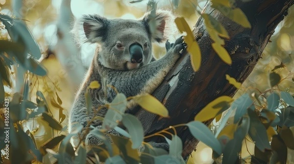 Fototapeta An atmospheric image capturing the tranquility of a koala bear in its natural habitat, perched on a tree branch and enjoying a meal of eucalyptus leaves.