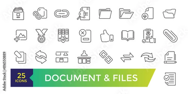 Fototapeta Document And Files line icons. Office, education or Lectures book, Charts and Idea. UI icon collection and Vector illustration.