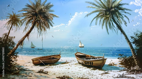 Fototapeta Fishing boats on the beach in Sri Lanka. Vintage painting.