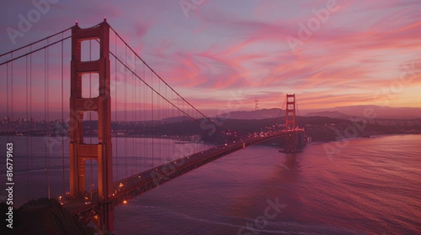 Fototapeta The sun rises behind the fog-covered Golden Gate Bridge, casting a warm, golden glow over the misty landscape as the city awakens to a new day. 