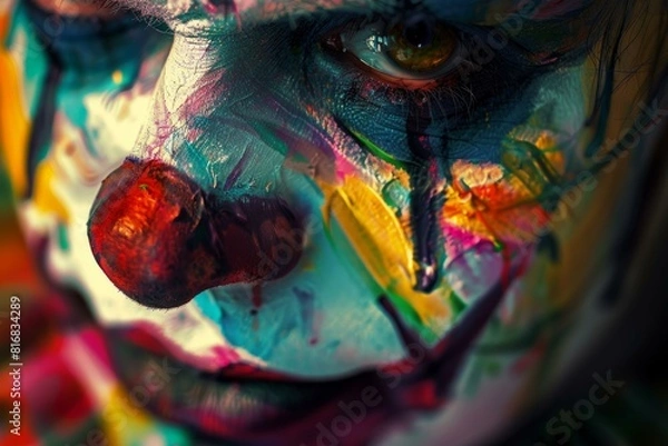 Fototapeta Intense closeup of a person with vibrant, multicolored face paint, highlighting the eye