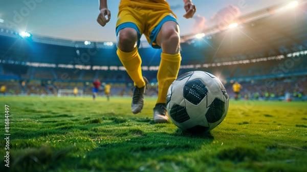 Fototapeta Dynamic Soccer Player in Mid-Action at Stadium Under Bright Lights