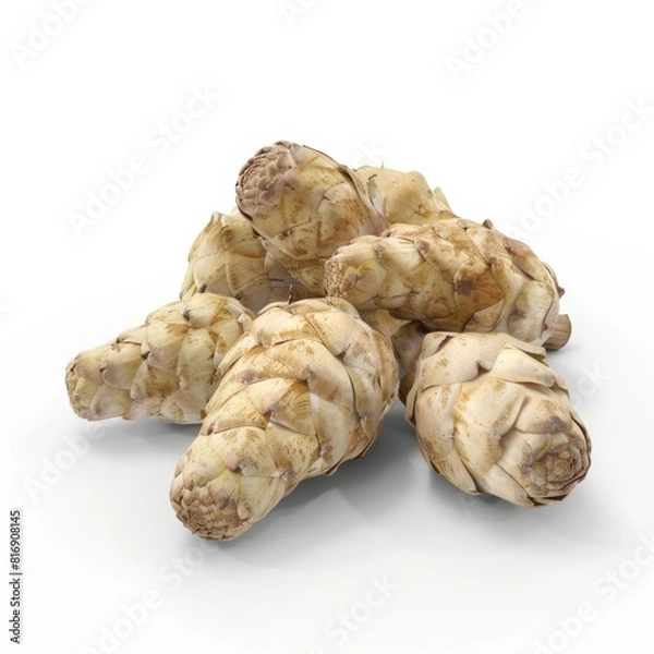 Fototapeta Assorted dried root vegetables stacked on a white background