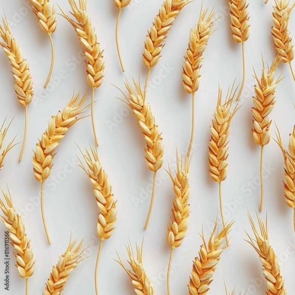 Fototapeta Wheat ears arranged on a plain white backdrop