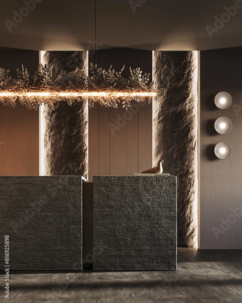 Fototapeta Modern reception interior design. Lobby design with stone reception desk. 3D Rendering, 3D Illustration